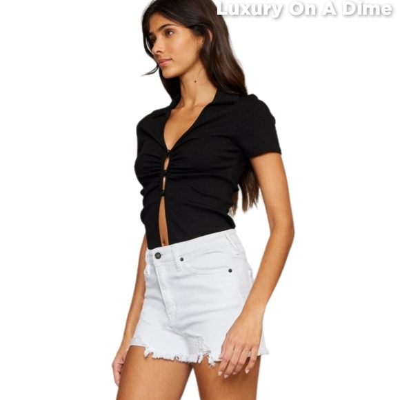 KanCan High Rise Waist Distressed White Denim Cut-off Frayed Hem Jean Shorts - Picture 8 of 16